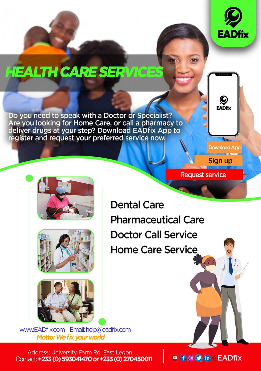 eadfix's tweet photo. Download the @eadfix App to request for all your Health Care Services
Click on the link to download the app
Service providers App
https://t.co/zhBCPbdl8L
Customer App
https://t.co/AmDCtZv9HJ
EADfix: We Fix Your World
#eadfix
#eadgoc
#strongtogether
#Ghana
#CitiNewsroom https://t.co/pYHRRqzC59