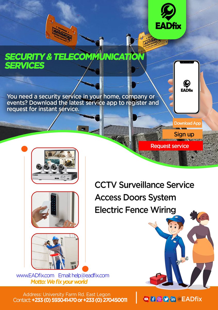 eadfix's tweet photo. Download the @eadfix App to request for all your Security Services
Click on the link to download the app
Service providers App
https://t.co/zhBCPbdl8L
Customer App
https://t.co/AmDCtZv9HJ
EADfix: We Fix Your World
#eadfix
#eadgoc
#strongtogether
#Ghana
#CitiNewsroom https://t.co/JU62h5Lcsx