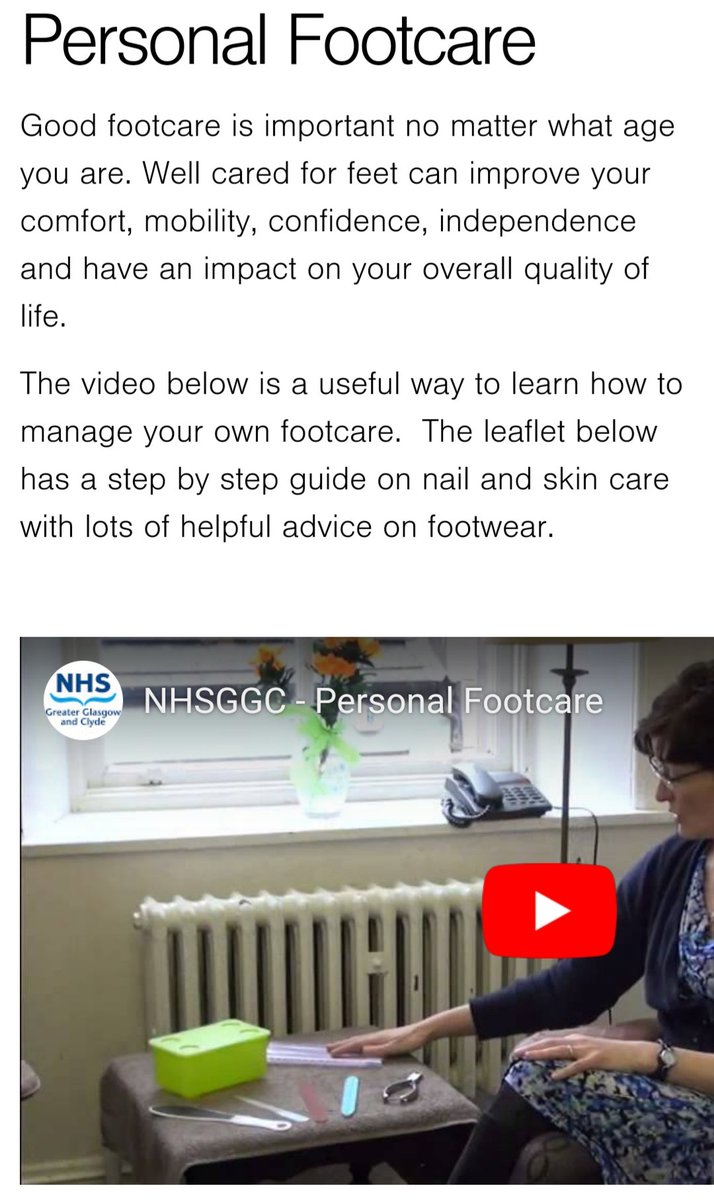Good foot health is important. Every day this week we will highlight resources which may be of help to you or those you care for.
Have a look at our personal footcare site, with videos, leaflets and guides  nhsggc.org.uk/your-health/he…  #positivelypodiatry #selfcare #healthyfeet 🦶👣