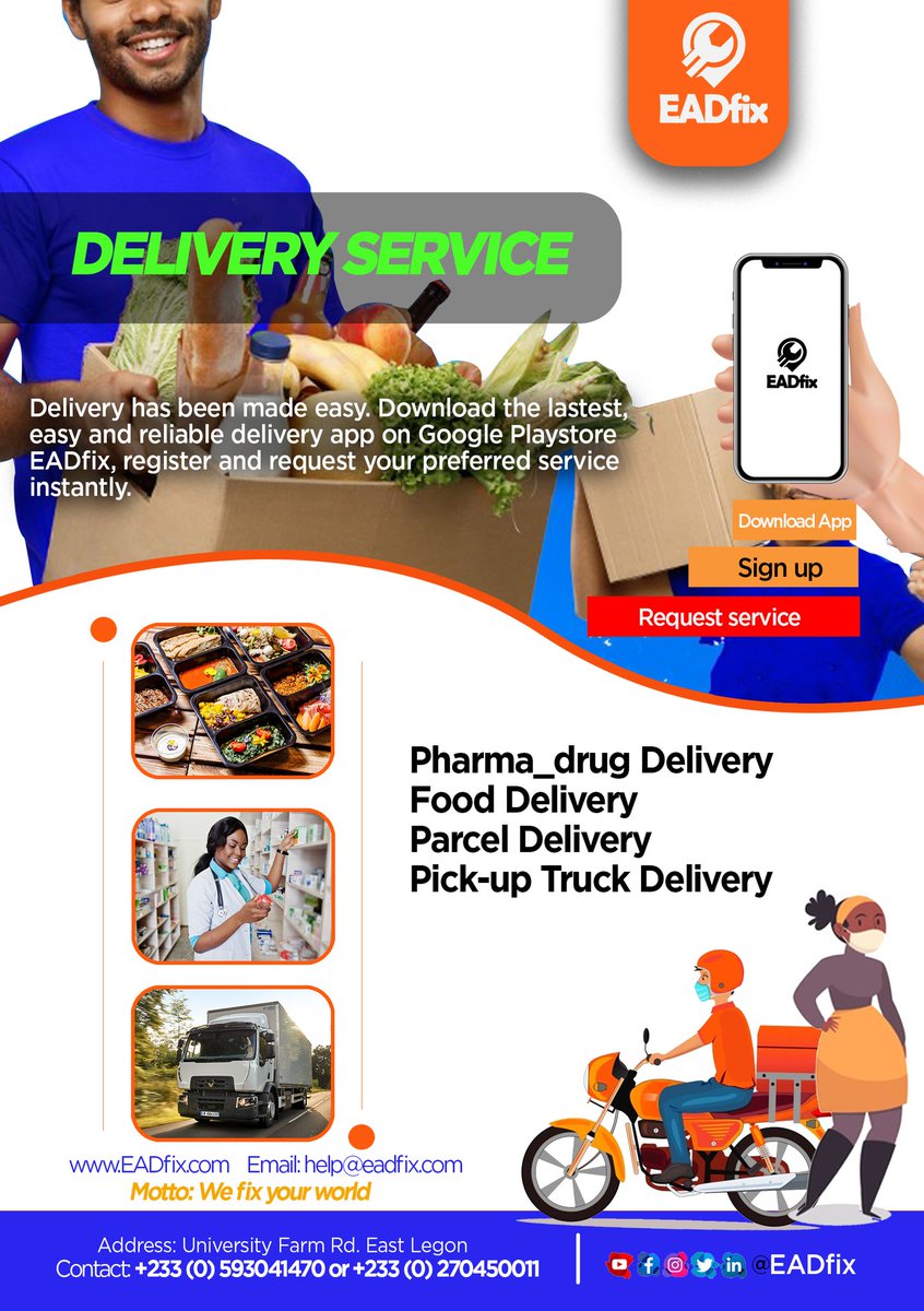 eadfix's tweet photo. Download the @eadfix App to request for all your Delivery Services
Click on the link to download the app
Service providers App
https://t.co/zhBCPbdl8L
Customer App
https://t.co/AmDCtZv9HJ
EADfix: We Fix Your World
#eadfix
#eadgoc
#strongtogether
#Ghana
#CitiNewsroom https://t.co/t7U9v0IoX3