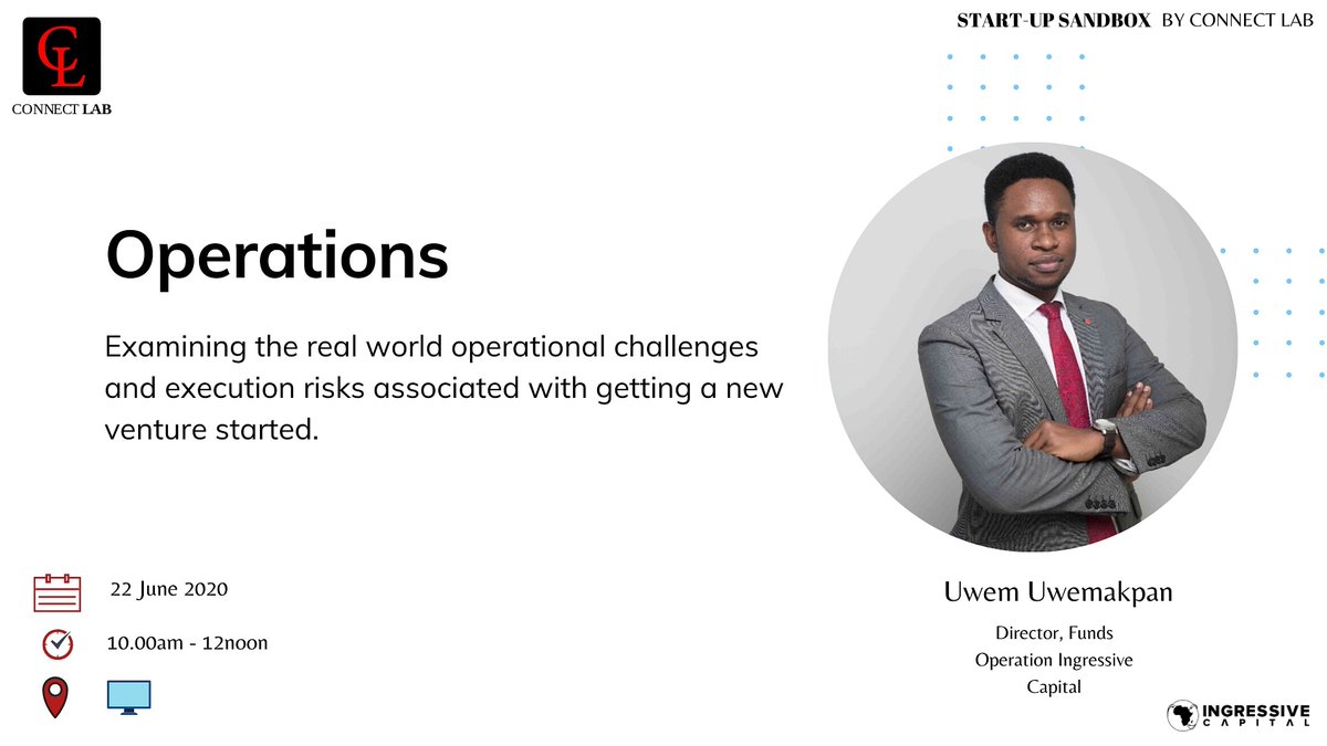 ConnectLabAfr's tweet photo. Today's Start-Up Sandbox session on Operations will be facililated by @MonsieurUwem Director of Fund Operations, Ingressive capital
Uwem is a Start-Up coach and investor in early stage startups. He is also the Director of @startupgrindlag
#connectlab #startupsandbox https://t.co/2yh4X463KY