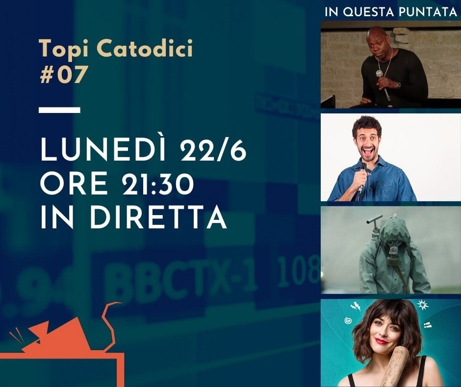 Stasera torniamo live su facebook.com/Topi-Catodici-… per parlare di 8.46 lo special @NetflixIT di Dave Chappelle, Diamoci un tono live di @edoferrario su @RaiPlay, #Chernobyl tornato in onda su @La7tv e #Cambiotutto con @LodoValentina in esclusiva su @PrimeVideo. A stasera!