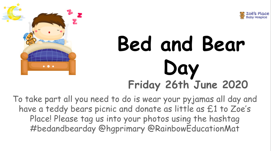 hgprimary's tweet photo. Hello everyone! Here is this week's challenge... #bedandbearday 🌈✨ We also want to raise vital funds for @Zoes_Place @RainbowEduMAT You can donate here! https://t.co/1jRxkAI9WN https://t.co/0OIY6vr5x7