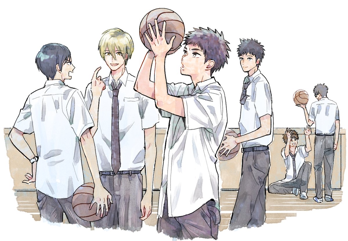 basketball multiple boys male focus black hair school uniform necktie blonde hair  illustration images