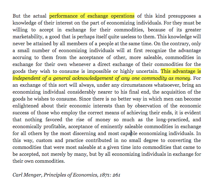 1/ It is very common to hear that "network effects" are crucial stopping other assets from replacing current money. But Menger already explained in 1871 that causality mainly goes in the opposite direction. The most saleable assets sooner or later become money in the free market.