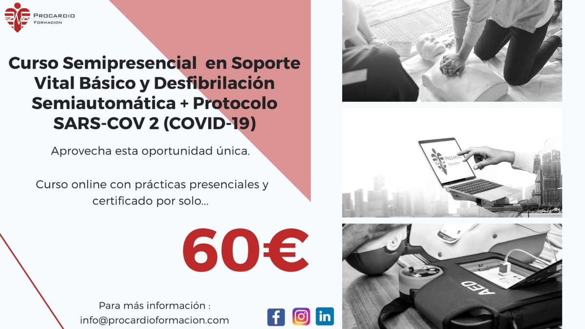 ProcardioForma's tweet photo. 📢📢¡Novedad! 📢📢

Realiza tu curso semipresencial en soporte vital básico y desfibirlación semiautomática y protocolo SARS-COV 2 (COVID-19). 

¡Aprovecha esta oportunidad única!
#procardio #PCRCOVID19 #procardioformacion #COVID19 #SARSCOV2 #primerosauxilios #dea #desfibrilador https://t.co/L0t3B1G6kw