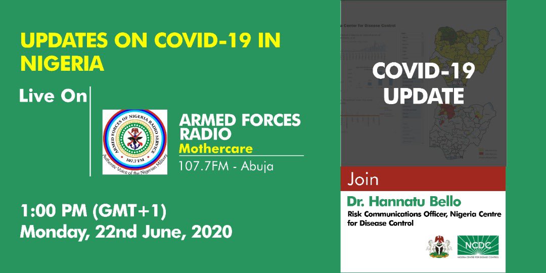NCDCgov's tweet photo. 📣 COMING UP!!!

This afternoon at 1pm, our Risk Communications Expert, Hannatu Bello will be live on #Mothercare to discuss the latest on #COVID19.

* Measures to keep your family &amp; loved ones safe.

Tune to @Afrs1077Fm on 107.7FM to join the conversation.

#TakeResponsibility https://t.co/6wzgQZCkrL