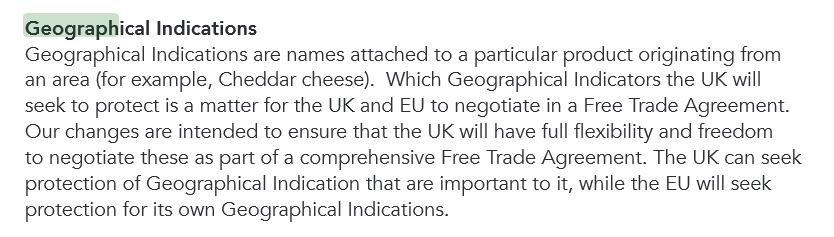 Another example is Geographical Indications, rules on where some foods can come from, which have been a major EU-US flashpoint for years. Bizarrely these appeared in the report on Northern Ireland 'Alternative Arrangements' last year with no relevance to that subject... 9/