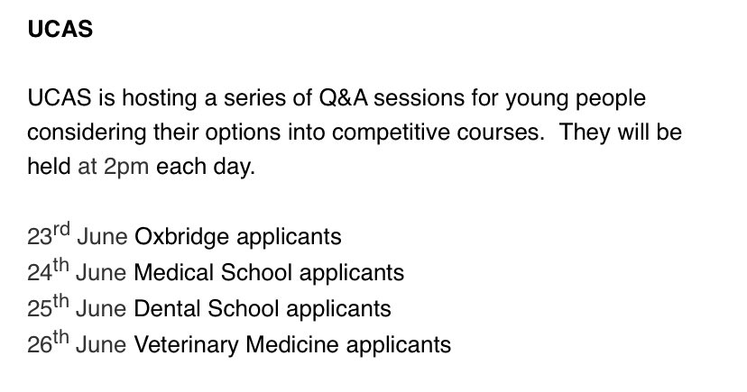 🚨 Attention new 5&amp;6!
UCAS Question and answer sessions are being held this week for the following highly competitive courses! To stand the best chance you need to BE INFORMED AND BE PREPARED!