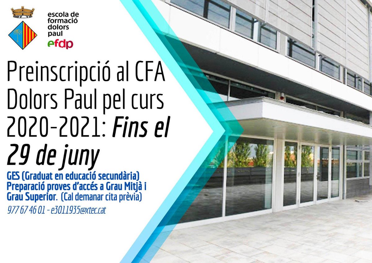 SOMCunit's tweet image. 📢Preinscripcions al CFA Dolors Paul pel curs 2020-2021
No deixis passar l'oportunitat i apunta't a millorar el teu futur.
👉+info: cunit.cat/preinscripcion…
#Cunit #Somcunit #Formació