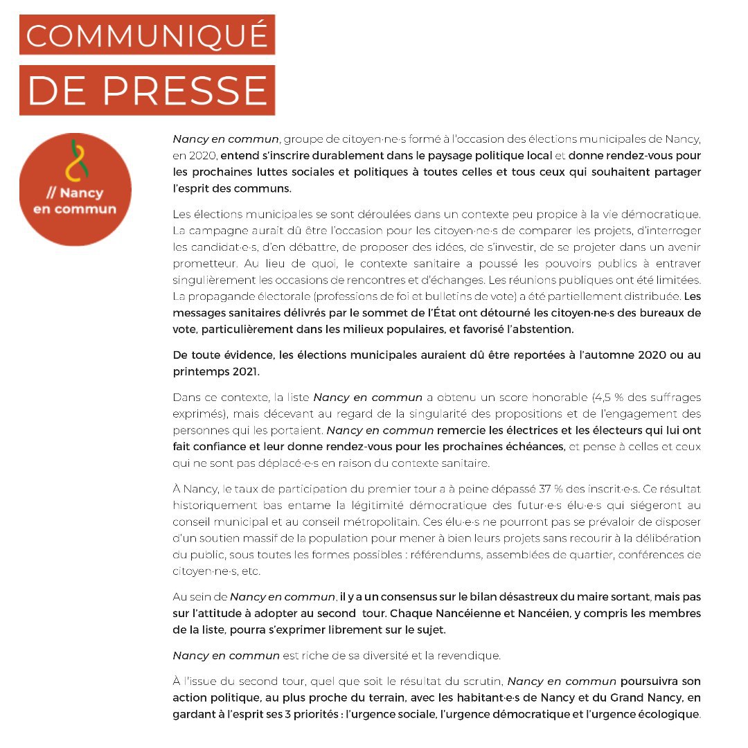 NancyEnCommun's tweet photo. Notre liste citoyenne se prononce sur la suite des événements et se projette vers l'avenir. #NancyEnCommun #Citoyen #Urgences #Sociale #Écologique #Démocratique

https://t.co/sOsCFpqJxP https://t.co/tq8Wi3DkRE