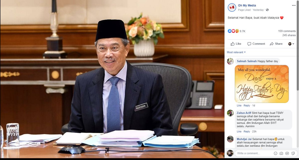 Bahkan kejatuhan kerajaan PH tempoh hari, disambut dengan gembira di FB atas alasan jatuhnya sebuah kerajaan Liberal, anti-Melayu-Islam, anti raja2 Melayu dan perlembagaan. Tidak seperti di Twitter, populariti Tan Sri Muhyidin memuncak dikalangan Konservatif.