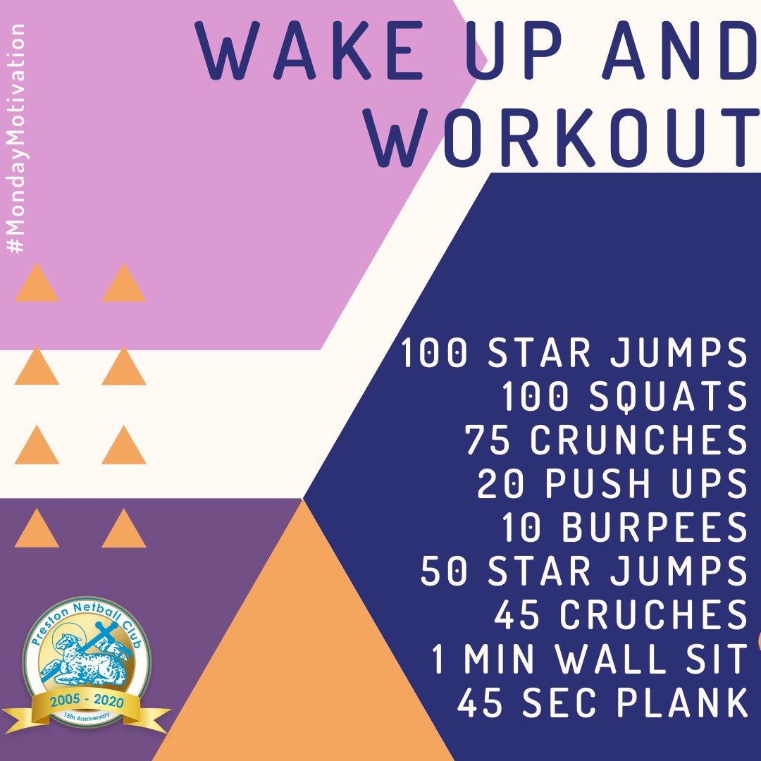 NetballPreston's tweet image. Wake up and work out this Monday Morning. 
.
.
Stay motivated this week 💪
.
.
As always let us know how you get on with our #mondaymotivation workouts.
.
.
#pnc #pnclockdown #prestonnetballclub #prestonnetball #stayhome #staysafe #stayhomestaysafe #netballers #workout  #netball