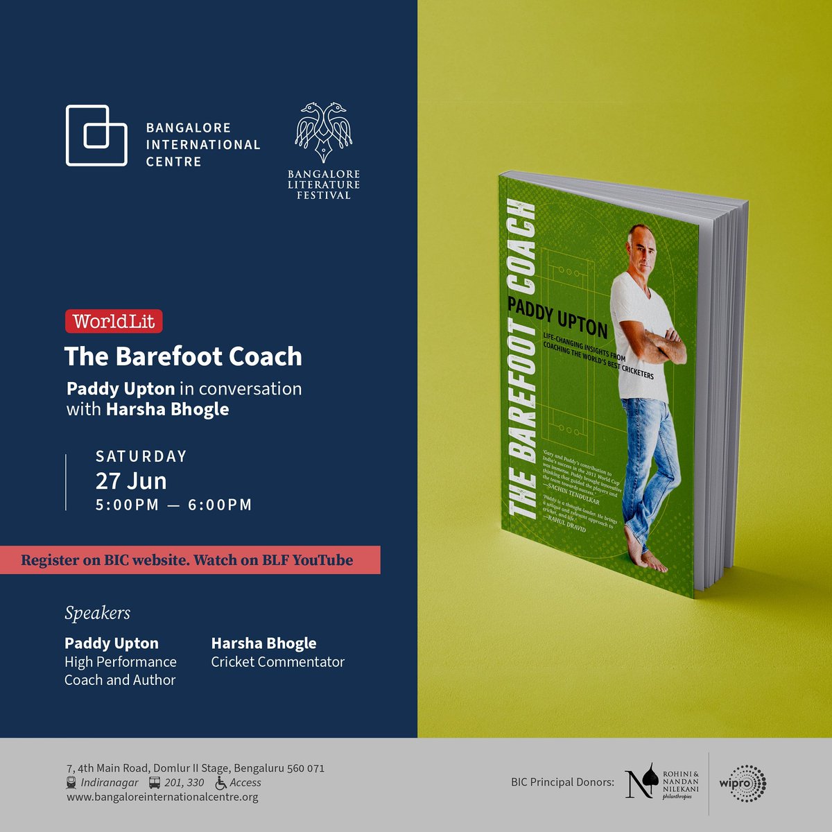 bicblr's tweet photo. June 27 | Saturday | 5:00 pm

The Barefoot Coach

@PaddyUpton1 and @bhogleharsha in conversation as part of the #worldlitseries in collaboration with @BlrLitFest

Register here: https://t.co/SN6RIhn3ev

#bicstreams #conversations #bic #bictalks #sports 
@WestlandBooks https://t.co/ziMBXKgRS0