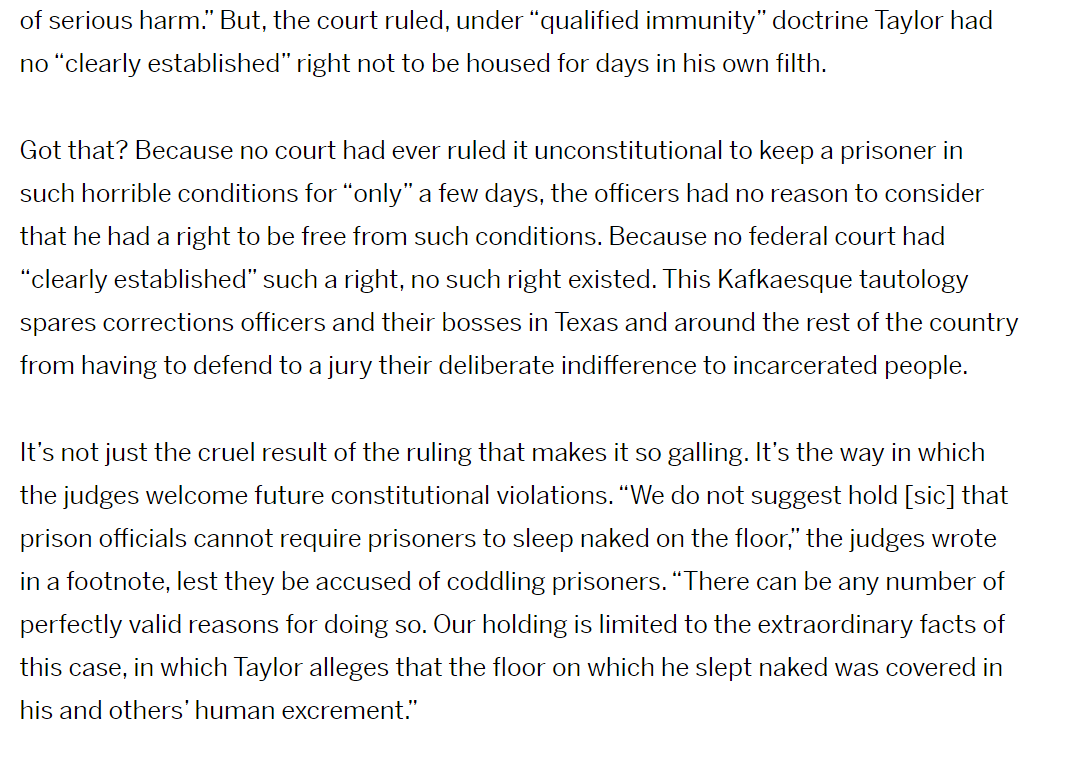 PROBLEM  CORRECTIONS Lack of Accountability Abolish Qualified Immunity which shields correctional officers from claims of Constitutional violations.See https://www.newsweek.com/prison-inmate-qualified-immunity-protect-officials-constitution-civil-rights-723943 and see https://www.brennancenter.org/our-work/analysis-opinion/qualified-immunity-scourge-prison-reform and see https://lawdigitalcommons.bc.edu/cgi/viewcontent.cgi?article=3663&context=bclr