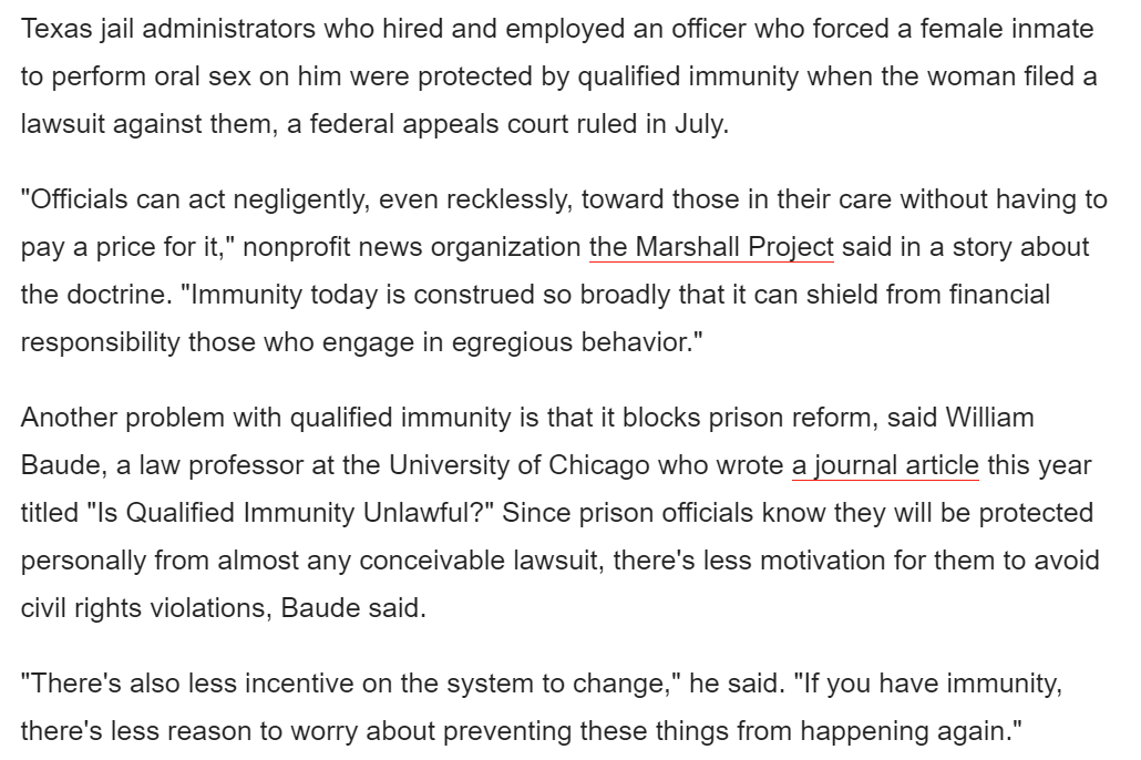 PROBLEM  CORRECTIONS Lack of Accountability Abolish Qualified Immunity which shields correctional officers from claims of Constitutional violations.See https://www.newsweek.com/prison-inmate-qualified-immunity-protect-officials-constitution-civil-rights-723943 and see https://www.brennancenter.org/our-work/analysis-opinion/qualified-immunity-scourge-prison-reform and see https://lawdigitalcommons.bc.edu/cgi/viewcontent.cgi?article=3663&context=bclr