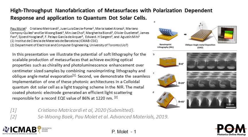 Enlightment_BCN's tweet image. We present a high-throughput nanofabrication of metasurfaces with polarization dependent response and application to QD solar cells. @icmabCSIC in collaboration with @Sargent_Group.
@PhotonicsMeetup #POM20Ju #POM20LM