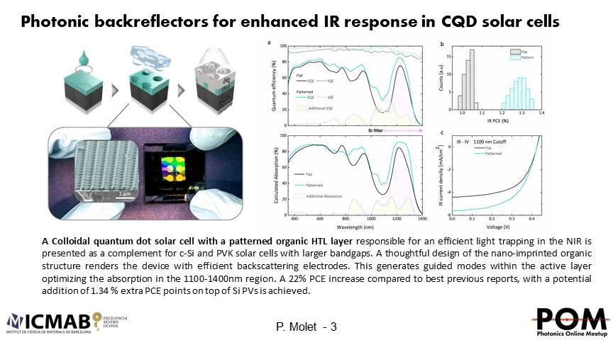 Enlightment_BCN's tweet image. We present a high-throughput nanofabrication of metasurfaces with polarization dependent response and application to QD solar cells. @icmabCSIC in collaboration with @Sargent_Group.
@PhotonicsMeetup #POM20Ju #POM20LM
