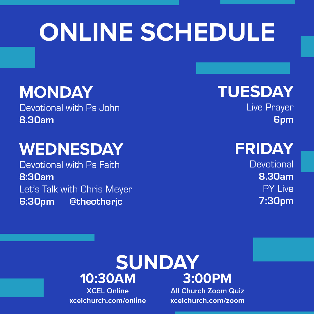 XcelChurch's tweet photo. 😀 HEY CHURCH 😀

This week we have some awesome online events for you!

From the whole XCEL family we wish you a safe week, and hope to see you on Sunday! https://t.co/86T04KzV6e