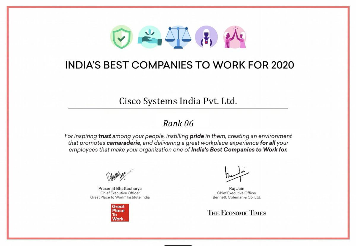 cisco_in's tweet photo. Thank you to all the wonderful people who make Cisco a fantastic place to work! We have been ranked #6 in India’s 100 Best Companies to Work For 2020 by the Great Place to Work®️ Institute. #WeAreCisco #LoveWhereYouWork https://t.co/QwQdGJONpP