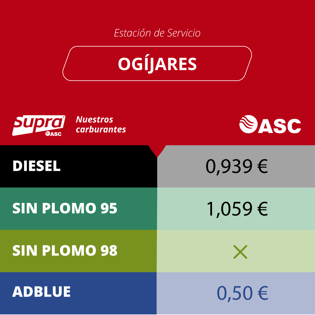 🚘  ¡TU COMBUSTIBLE DE CALIDAD / AL MEJOR PRECIO! 🚖
▶ En Estación de Servicio de Ogíjares #combustible #ogíjares #gasolinera #preciogasolina #gasolinabarata #supra #info #informacion #asc #altorendimiento  #mundomotor #motor #coches #motos #gasoil #calefacción
