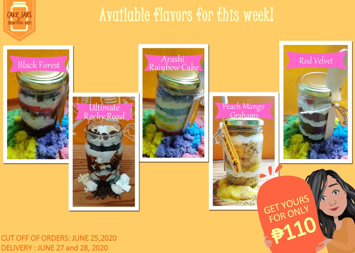 btfldys's tweet photo. Yay for a new week! Thank you so much who ordered and got our Father's day promo! Follow us for more promos and events in the future!
We have all 5 regular flavors available for this week! PM us for your orders!
#RealCakesinaJar
#Madetoordercake
#CakeJarbyBeautifulDays https://t.co/YE0iJU69f4