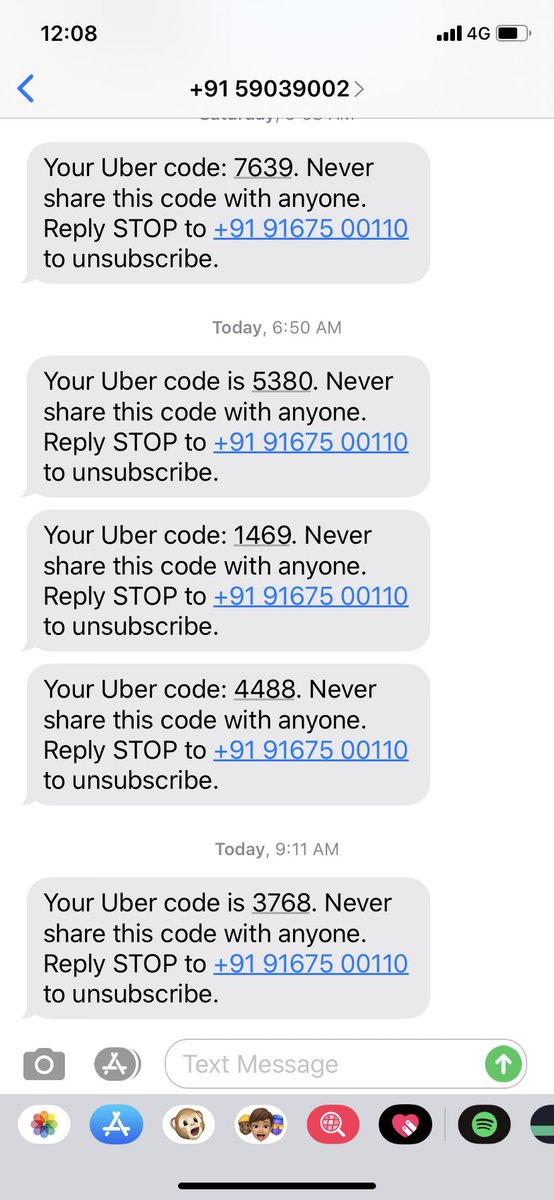 aniljena's tweet photo. @Uber @Uber_Support @TRAI @airtelindia Getting these endless messages as Uber Code. My number in TRAI DND, tried blocking the No. but no way I am able to stop these. Getting 20-50 SMS in a day from different numbers. Please help. https://t.co/yo21mIQT8s