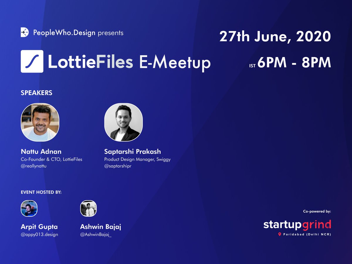 LottieFiles's tweet photo. Our first E-Meetup event alongside @saptarshipr! Hosted by @PeepleWhoDesign happening June 27th 6pm IST.

It will cover the basics of interaction design &amp; how to leverage LottieFiles for an efficient motion design workflow.

Register for the event here 👉 https://t.co/Jz4EQbrtPr https://t.co/w47FEcK9Fy