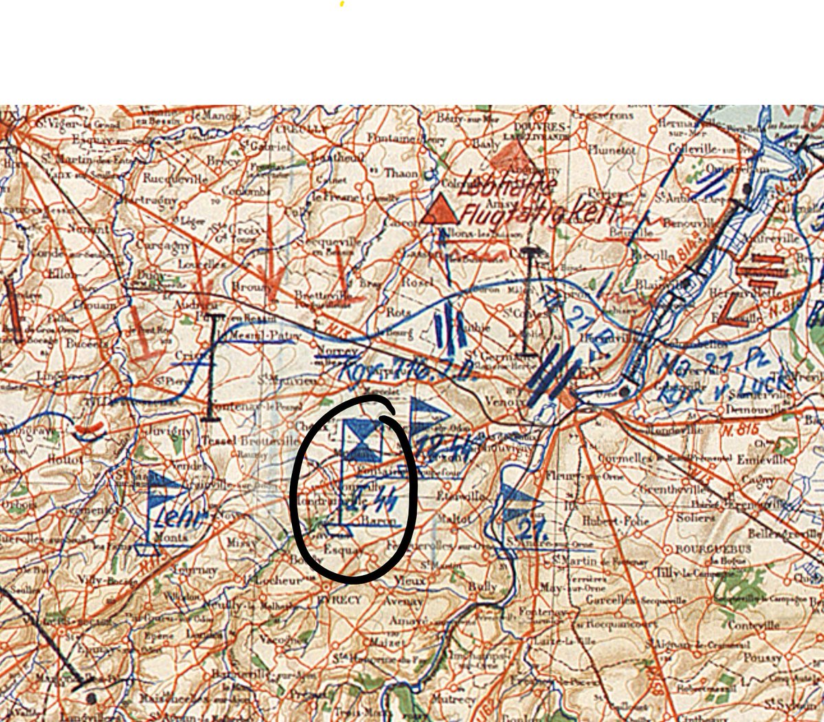 Nice gaff. Who lives in a place like this? Well, for a few weeks in June of 1944, it was the HQ of I.SS-Panzer-Korps. Here's an extract from a German situation map of today in 1944: /5