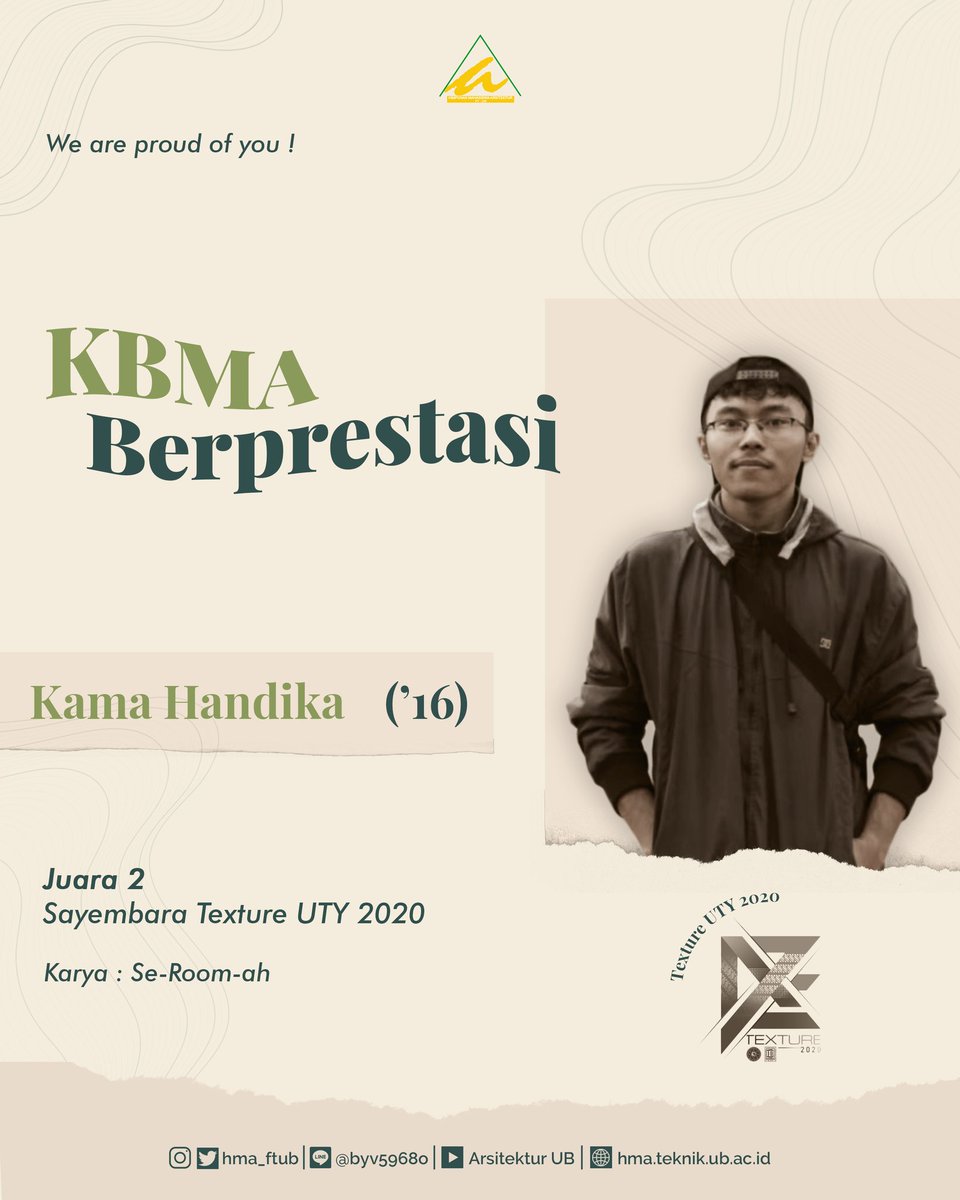 hma_ftub's tweet photo. [KBMA BERPRESTASI]

Selamat kepada Kama Handika KBMA angkatan 2016 yang telah menjadi juara di Sayembara Texture UTY 2020! We're so proud of you! https://t.co/3JIxbuPRaa