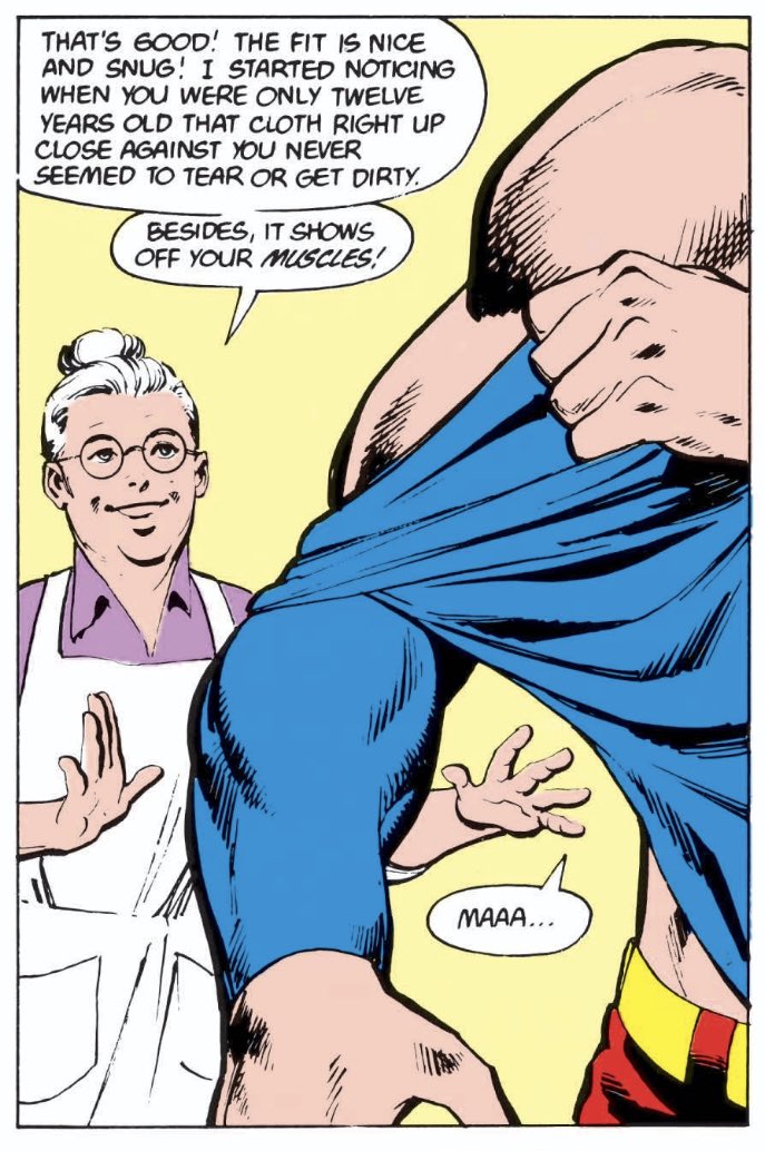 The first of several unnecessary demystifications of Superman’s powers. This kind of “logic” stuff is a hallmark of Byrne’s work. To wit, Martha observes that skintight clothes don’t tear or even dirty. I WONDER WHY! The real reason is because it’s easier not to draw all that.