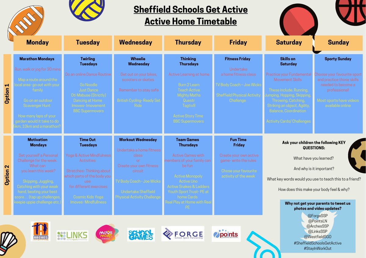 LinksSSP's tweet photo. How can you get more active this week? Well check out the #SheffieldSchoolsGetActive timetable to find out how!
Keep in touch with photos of yourselves keeping active all week! @movemoresheff #StayInWorkOut #KeepActiveAtHome https://t.co/CEsjHP3XKs