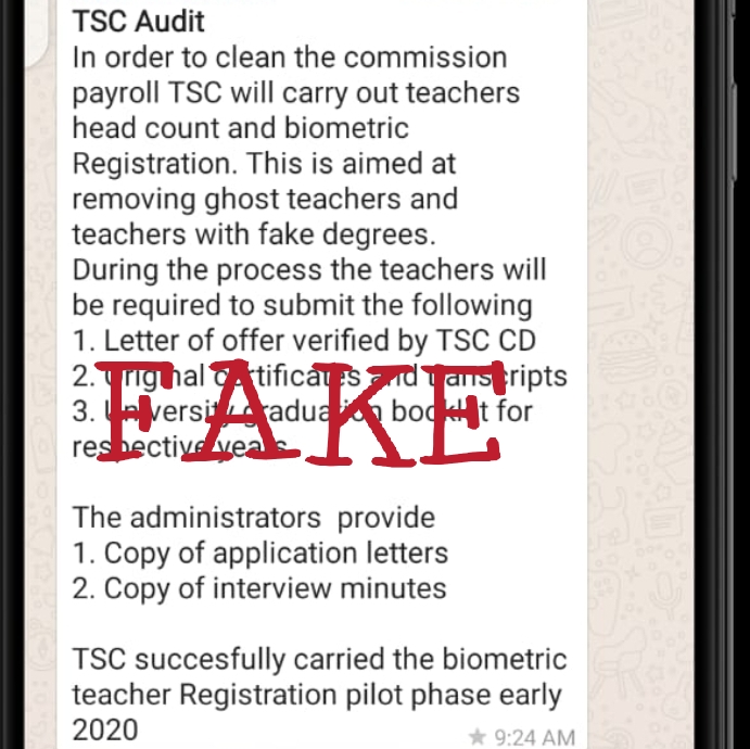 A screen shot of the fake news on teachers' head count and biometric registration.