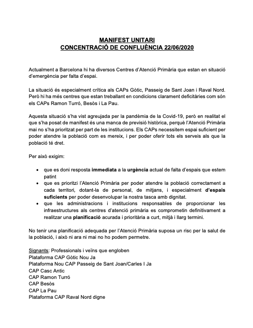 nou_cap's tweet photo. 📢 AVUI! Concentració #CAPsDignes
Exigim priorització de l'#AtencióPrimària amb espais, recursos i infraestructures dignes!
14h des del CAP a plaça Sant Jaume https://t.co/7jPaFZwRhH https://t.co/WeHBcS5byP