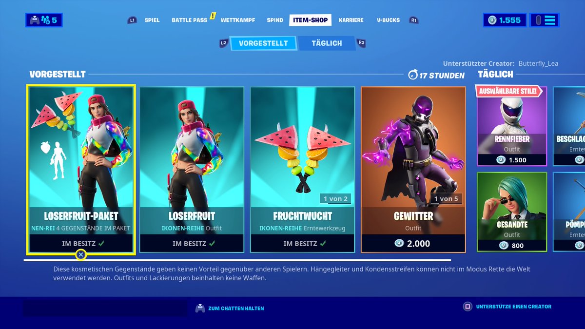 elsenboy1987's tweet photo. Item Shop von 22.6.2020. Ein neuer Iconen Skin ist drin. "Loserfruit".Mit dem Erntewerkzeug"Fruchtwucht"eine extrem coole doppelhändige Hacke und den Emote "Beerenbeet".Finde ich nice. Des Weiteren "Gewitter"&amp; "Blitz"mit dem Erntewerkzeug "Sturmblitz"&amp; dem Hängegleiter"Sturmauge" https://t.co/bmQCUinmPS
