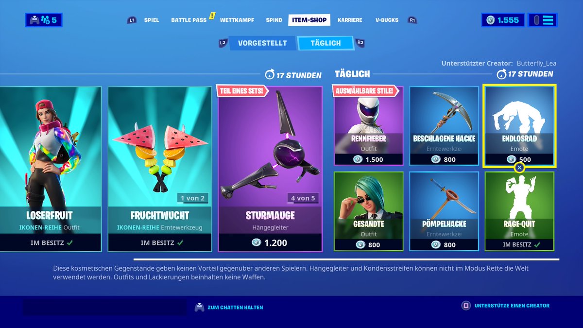 elsenboy1987's tweet photo. Item Shop von 22.6.2020. Ein neuer Iconen Skin ist drin. "Loserfruit".Mit dem Erntewerkzeug"Fruchtwucht"eine extrem coole doppelhändige Hacke und den Emote "Beerenbeet".Finde ich nice. Des Weiteren "Gewitter"&amp; "Blitz"mit dem Erntewerkzeug "Sturmblitz"&amp; dem Hängegleiter"Sturmauge" https://t.co/bmQCUinmPS