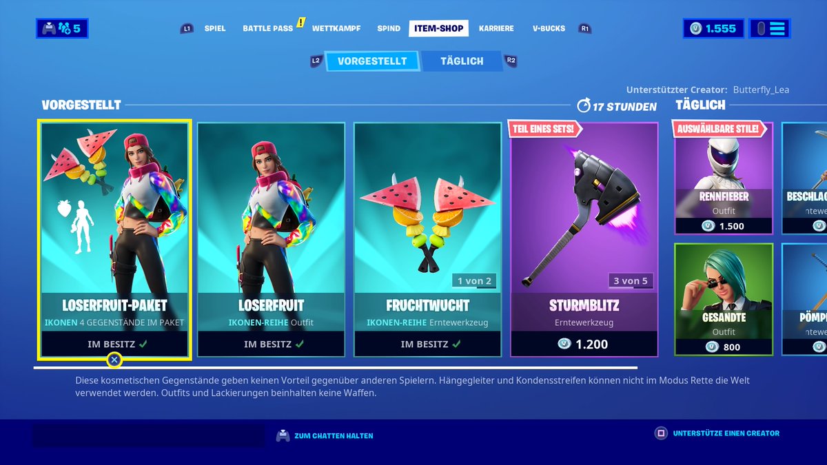 elsenboy1987's tweet photo. Item Shop von 22.6.2020. Ein neuer Iconen Skin ist drin. "Loserfruit".Mit dem Erntewerkzeug"Fruchtwucht"eine extrem coole doppelhändige Hacke und den Emote "Beerenbeet".Finde ich nice. Des Weiteren "Gewitter"&amp; "Blitz"mit dem Erntewerkzeug "Sturmblitz"&amp; dem Hängegleiter"Sturmauge" https://t.co/bmQCUinmPS