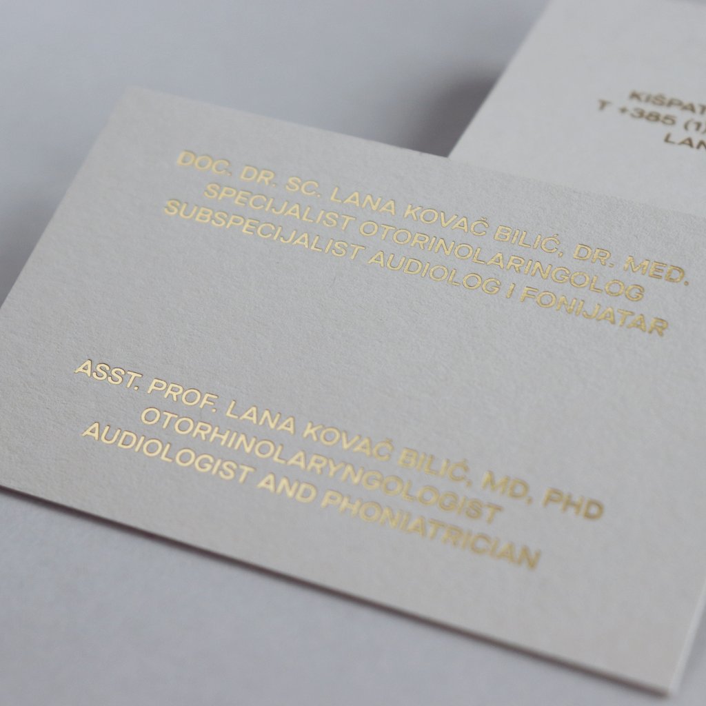 Business cards by DKovac. Duplexed 350gsm Colorplan Mist with matte gold details.