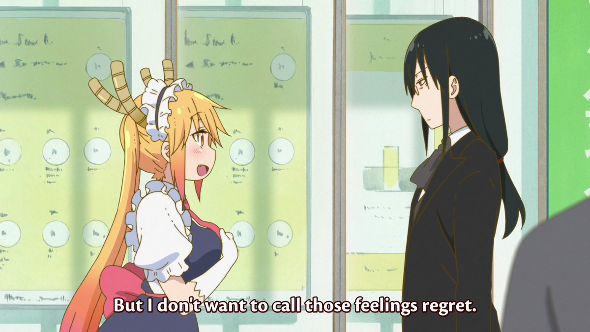 When Fafnir confronts Tohru about the idea of mortality, there's a really cool use of dutch angles to create a sense of uneasiness. When Tohru explains her reasoning, the camera angle levels itself to mirror Tohru being seemingly content with her reason.