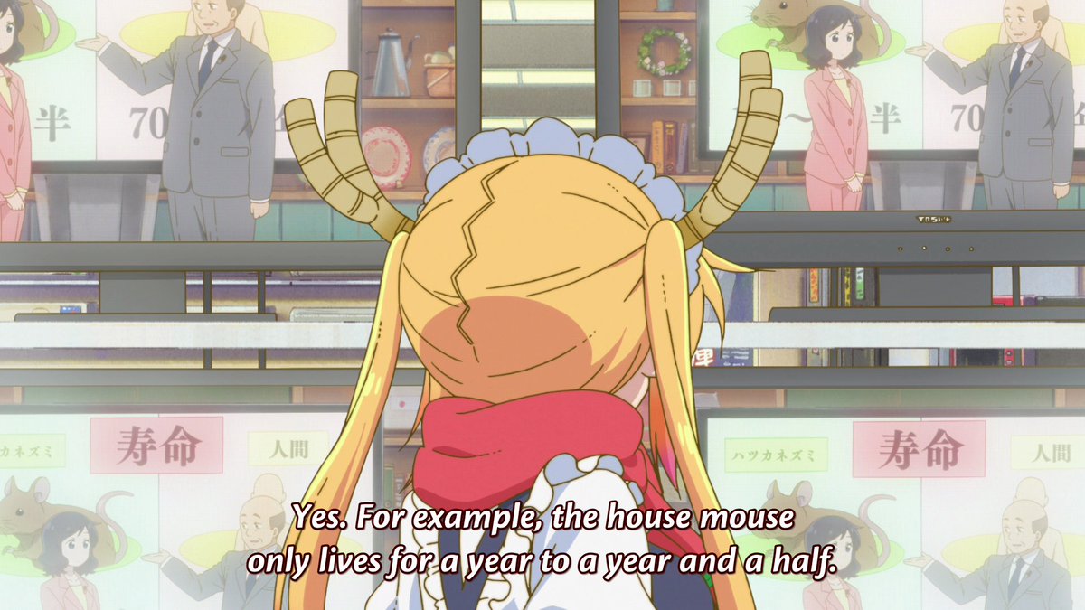 She seems content, but it only takes a TV show discussing how a mouse's life is shorter than a human's to spike her fears. Her head is framed in the center of the four TVs as they're discussing the mouse's lifespan, paralleling how Tohru is thinking about Kobayashi's short life.