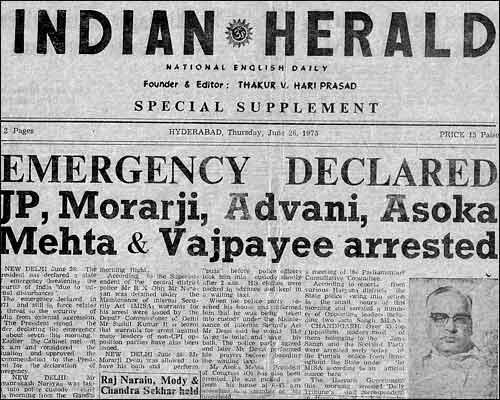 IndiaHistorypic's tweet photo. June 1975 :: Newspaper Headline  'Emergency Declared , JP, Advani, Vajpayee Arrested, Raj Narain Held https://t.co/0cD1HMdbV7