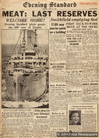 Today is June 22nd, Windrush Day "WELCOME HOME!" was the Evening Standard headline, as the paper sent a plane to greet the Windrush in 1948. That headline was because a third of the 400 Windrush passengers were RAF servicemen from the Caribbean, returning to Britain post-war