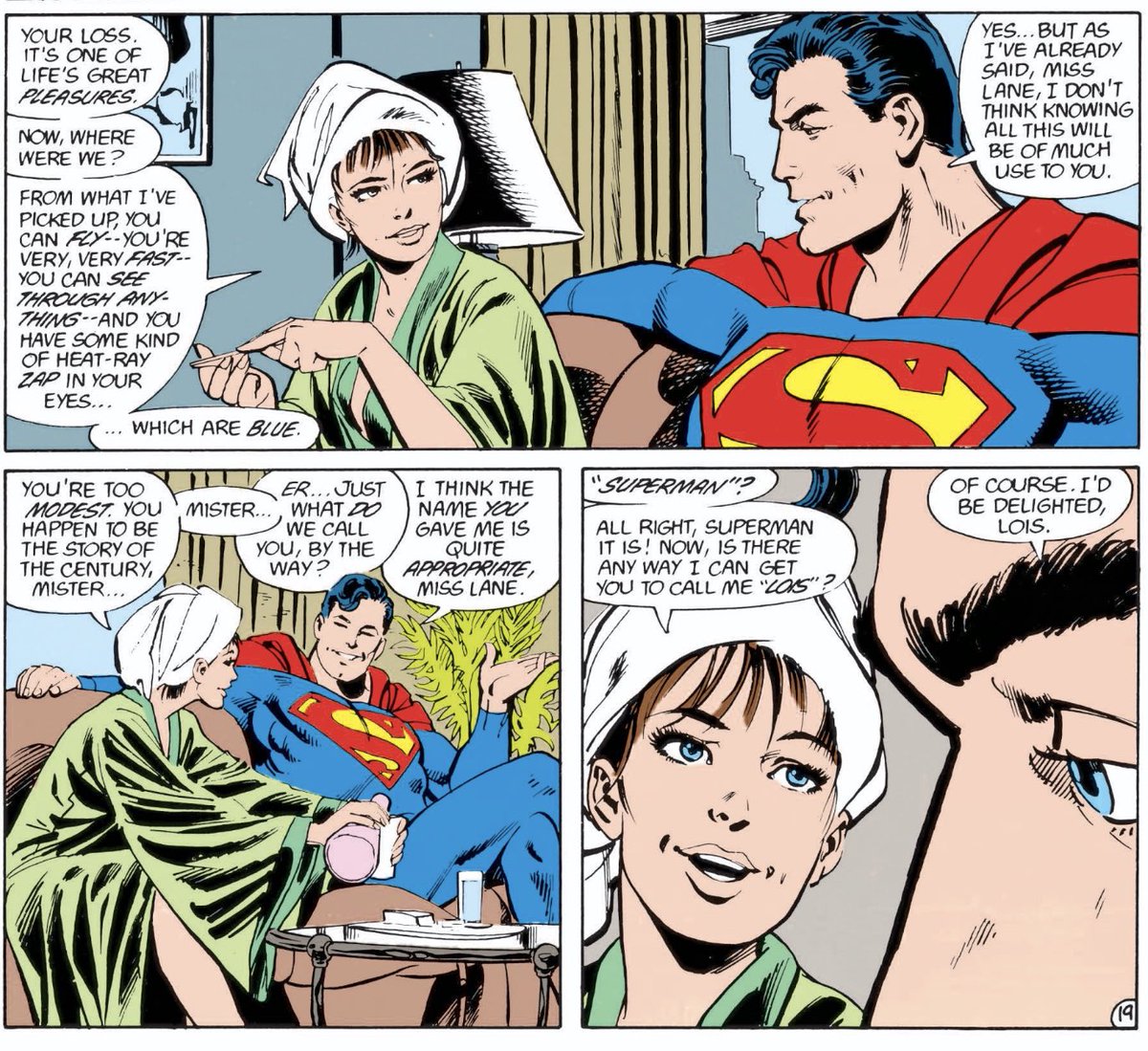 This interpretation of Lois is clearly inspired by Margot Kidder’s in the Donner film, and would carry over into the best ever version of Lois; the animated series vision designed by Bruce Timm and performed by Dana Delany. This kind of Lois VERSUS Superman VERSUS Clark dynamic.