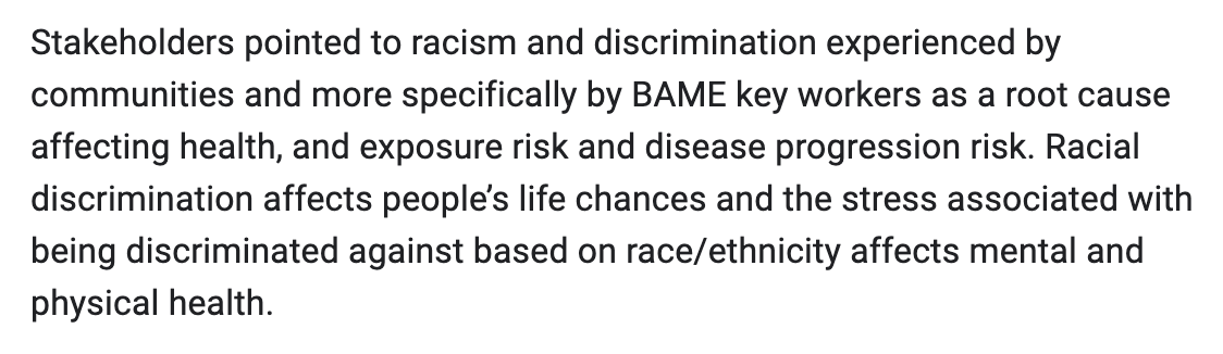 11) PHE’s second, more qualitative report, also lists other issues that could contribute to a higher case fatality rate among some ethnic minority groups:First of all the stress associated with being subjected to racism & discrimination can have negative outcomes on health