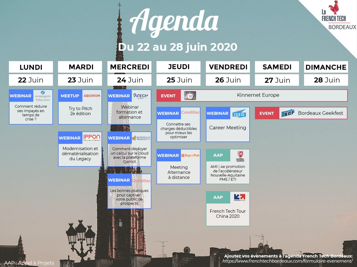 FrenchTechBdx's tweet photo. 🗓️ Vos events #FrenchTech #Bordeaux de la semaine :
@CFiduciaire @aquinum @ippontech #2iTechAcademy @Bdx_Technowest @CondillacExpert @supdepub @KinnernetEurope @isegmcs @NvelleAquitaine @businessfrance @Geek_Festival ... 🔥
🔎 Détails et inscriptions ➡️ https://t.co/PR7mwbUoLm https://t.co/HPIZCcUpVb