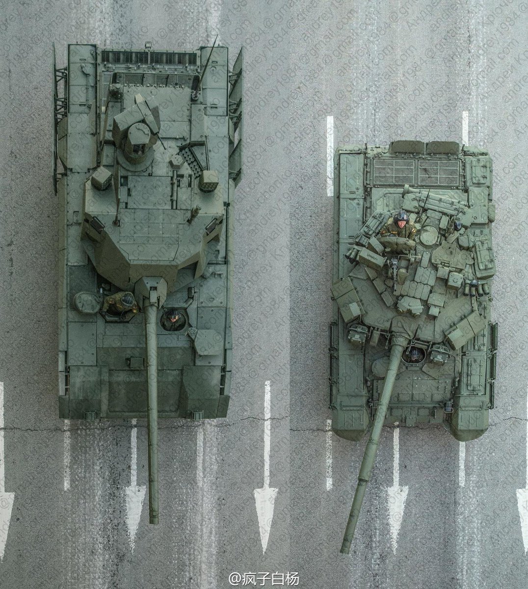Here a good demonstration of the size differential between T-14 and T-90. Also see old image of T-90M, showing the radically different turret design from precursor T-90A.