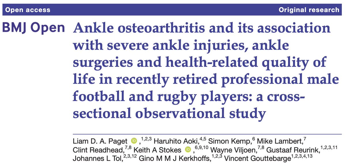 Recent publication by <a href="/LiamPagetMD/">Liam Paget</a> et al. in <a href="/BMJ_Open/">BMJ_Open</a>: former professional football and rugby players have higher ankle OA prevalence than the general population, OA being associated with career-related injuries and surgeries. Thanks to all co-authors! bmjopen.bmj.com/content/10/6/e…