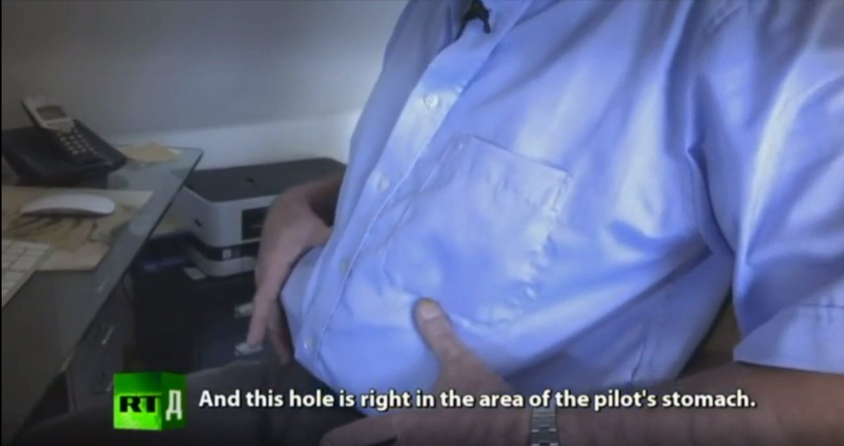 Now, former Lufthansa pilot Peter Haisenko claims he sees evidence in the holes that the pilot's stomach area was shot at by an air-to-air attack.