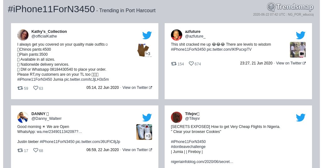 TMPortHarcourt's tweet photo. #iphone11forn3450 is now trending in #PortHarcourt

https://t.co/7ndFYWnZPb https://t.co/8A26VeqDOY