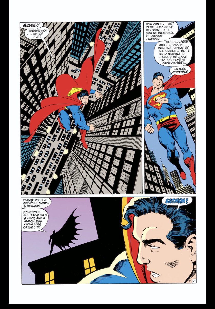 Byrne wisely resists explaining how Batman, a human being, could elude Superman. The answer is because he’s the goddamn Batman. This page has stayed in my memory since the first time i read it.